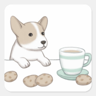 Pegatina Cuadrada Ilustracion de perro, café y galletas
