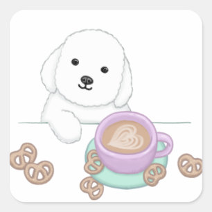 Pegatina Cuadrada Ilustracion de perro, café y galletas