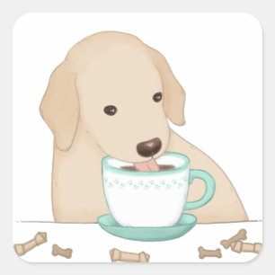 Pegatina Cuadrada Ilustracion de Perro, Café y Tratamientos