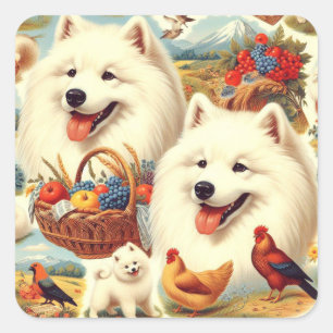 Pegatina Cuadrada Ilustracion de perro Samoyed de época