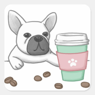 Pegatina Cuadrada Ilustracion de Perro, Taza y Café