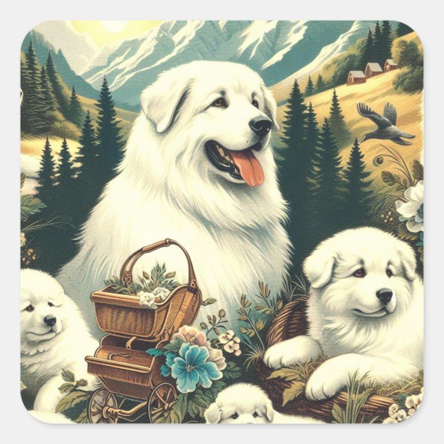 Pegatina Cuadrada Ilustracion de Perro Vintage Great Pyrenees (Anverso)