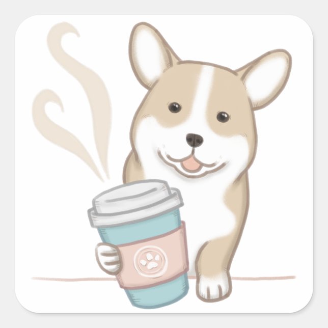 Pegatina Cuadrada Ilustracion de perro y café (Anverso)