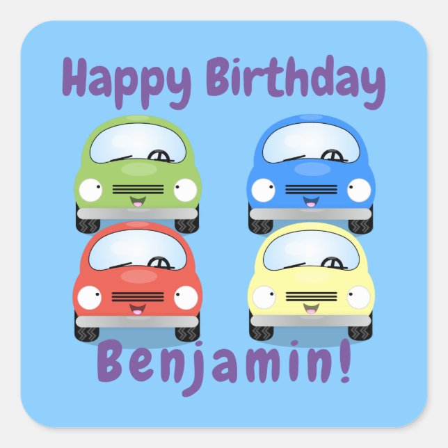 Pegatina Cuadrada Ilustracion de personalizado de coche rojo feliz (Anverso)
