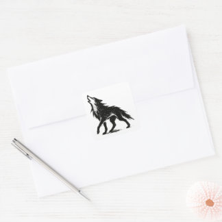 Pegatina Cuadrada Ilustración de pincelada de tinta de lobo minimali