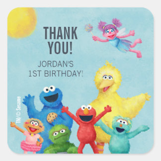 Pegatina Cuadrada Ilustracion de Plaza Sésamo Cumpleaños Gracias