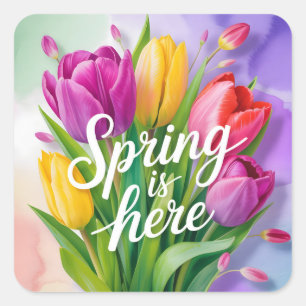 Pegatina Cuadrada Ilustración de ramo de tulipanes "La primavera ha 