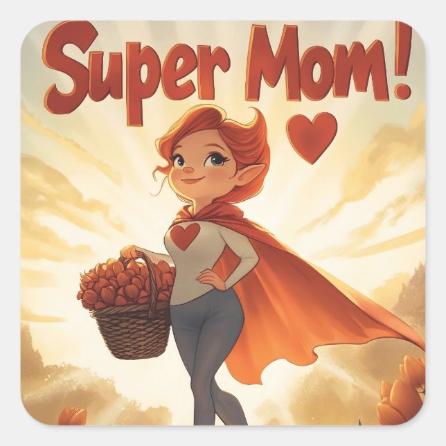 Pegatina Cuadrada Ilustracion de supermamá (Anverso)