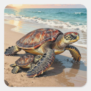 Pegatina Cuadrada Ilustración de tortuga marina y bebé en la playa