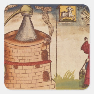 Pegatina Cuadrada Ilustracion de un alquimista trabajando