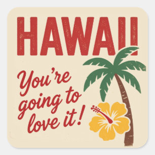 Pegatina Cuadrada Ilustración de viaje de las Islas Hawaianas Retro