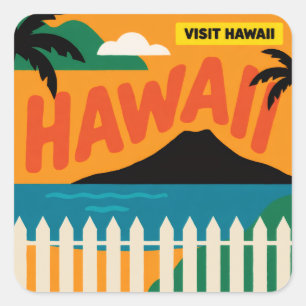 Pegatina Cuadrada Ilustración de viaje de las Islas Hawaianas Retro
