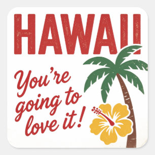 Pegatina Cuadrada Ilustración de viaje de las Islas Hawaianas Retro