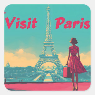 Pegatina Cuadrada Ilustracion de viajes de la Torre Eiffel Retro de 