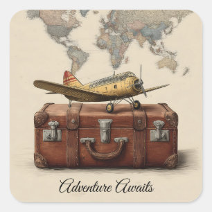 Pegatina Cuadrada Ilustracion de Viajes Vintage con un avión