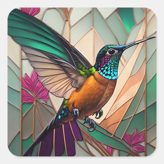 Pegatina Cuadrada Ilustracion de vidrio templado de un colibrí (Anverso)