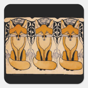 Pegatina Cuadrada Ilustración de zorros Art Nouveau Vida silvestre