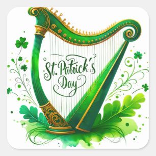 Pegatina Cuadrada Ilustracion del Arpa Verde Día de San Patricio
