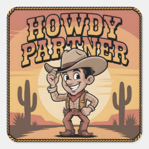 Pegatina Cuadrada Ilustración del atardecer del vaquero retro "Hola