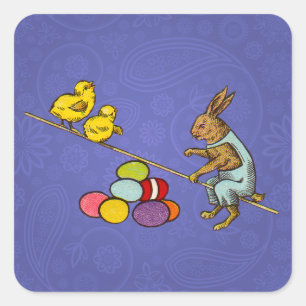 Pegatina Cuadrada Ilustración del conejo de Pascua poniendo huevos