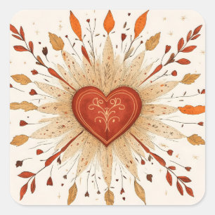 Pegatina Cuadrada Ilustracion del corazón otoñal de Boho