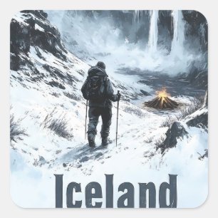 Pegatina Cuadrada Ilustracion del paisaje islandés y una excursión