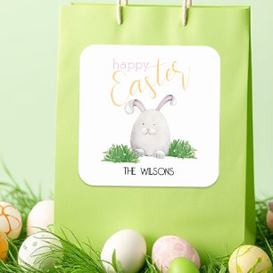 Pegatina Cuadrada Ilustración en Acuarela de Conejo de Pascua Feliz