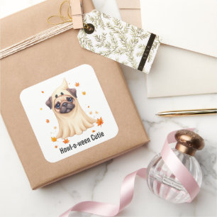 Pegatina Cuadrada Ilustración en Acuarela de Fantasma de Pug Adorabl