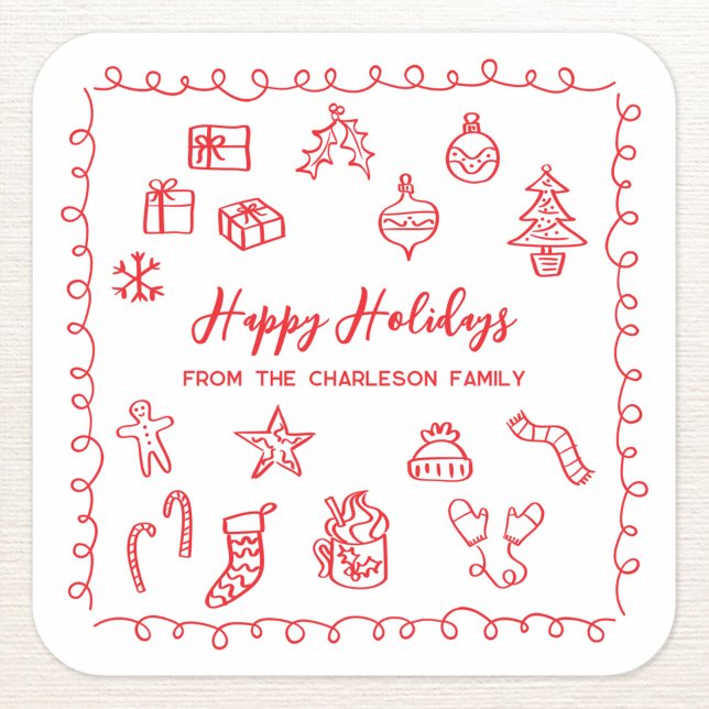Pegatina Cuadrada Ilustracion esgrimido de vacaciones Doodle rojo y  (Personalized red and white hand drawn scribble doodle Christmas holiday sticker)