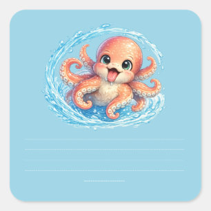 Pegatina Cuadrada Ilustración Feliz de Pulpo Kawaii de Vida Marina