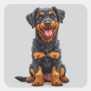 Pegatina Cuadrada Ilustración feliz de un perro negro y marrón