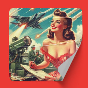 Pegatina Cuadrada ilustracion femenino de cosecha de los años 50