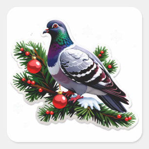 Pegatina Cuadrada Ilustración Festiva de Paloma de Navidad
