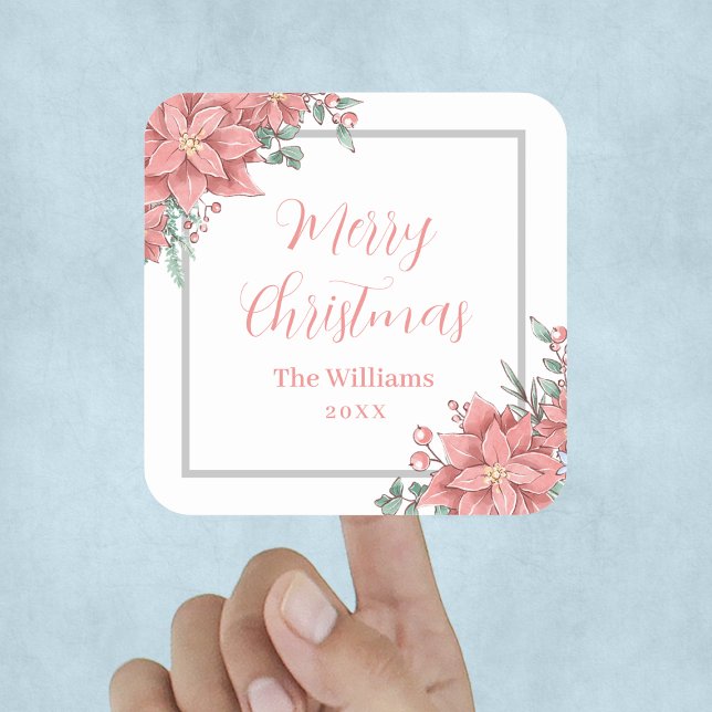 Pegatina Cuadrada Ilustración floral Feliz Navidad personalizada (Floral Illustration Merry Christmas Custom Square Sticker
)