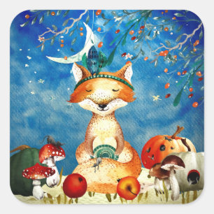 Pegatina Cuadrada Ilustracion Forestal Fox de los amigos de Woodland