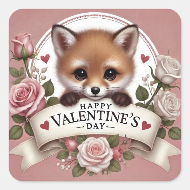 Pegatina Cuadrada Ilustracion Fox adorable con Rosas (Anverso)