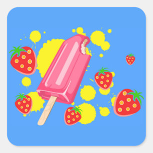 Pegatina Cuadrada Ilustracion Fun Popsicle Rosa y Strawberries