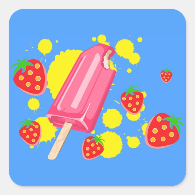 Pegatina Cuadrada Ilustracion Fun Popsicle Rosa y Strawberries (Anverso)