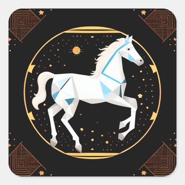 Pegatina Cuadrada Ilustración geométrica abstracta de caballo blanco (Anverso)