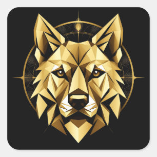 Pegatina Cuadrada Ilustración Geométrica del Lobo Dorado
