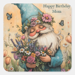 Pegatina Cuadrada Ilustracion Gnome de flor de personalizable