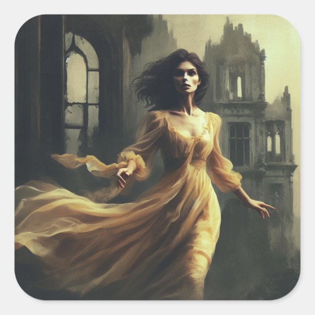 Pegatina Cuadrada Ilustracion gótico romántico espeluznante castillo (Anverso)
