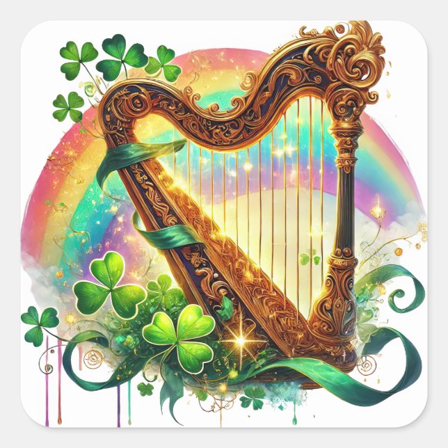 Pegatina Cuadrada Ilustracion Harp del Día de San Patricio (Anverso)