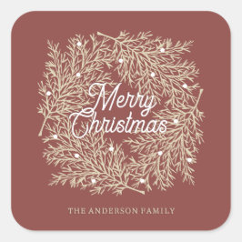 Pegatina Cuadrada ilustración hojas abeto corona de Navidad rojo