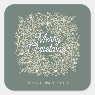 Pegatina Cuadrada ilustración hojas abeto corona de Navidad verde