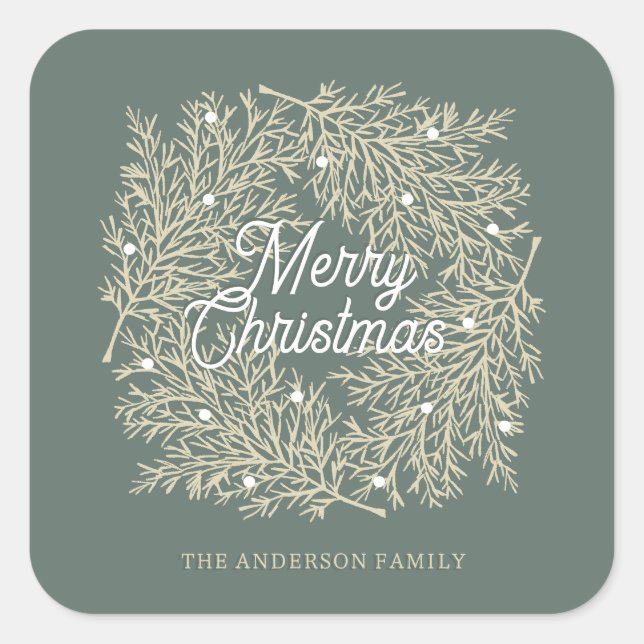 Pegatina Cuadrada ilustración hojas abeto corona de Navidad verde (Anverso)