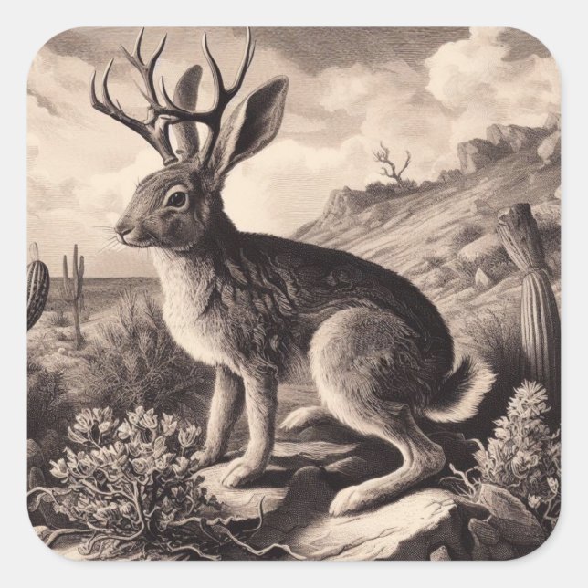 Pegatina Cuadrada Ilustracion Jackalope Vintage (Anverso)