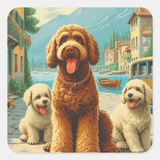 Pegatina Cuadrada Ilustracion Lagotto Romagnolo (Anverso)