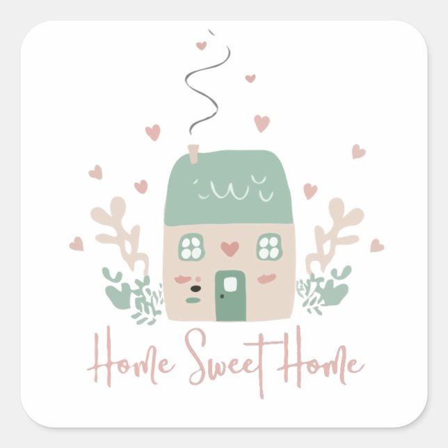 Pegatina Cuadrada Ilustración linda pastel de "Hogar Dulce Hogar" –  (Anverso)