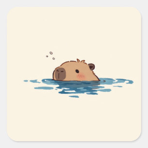 Pegatina Cuadrada Ilustración Minimalista de Carpincho Nadando